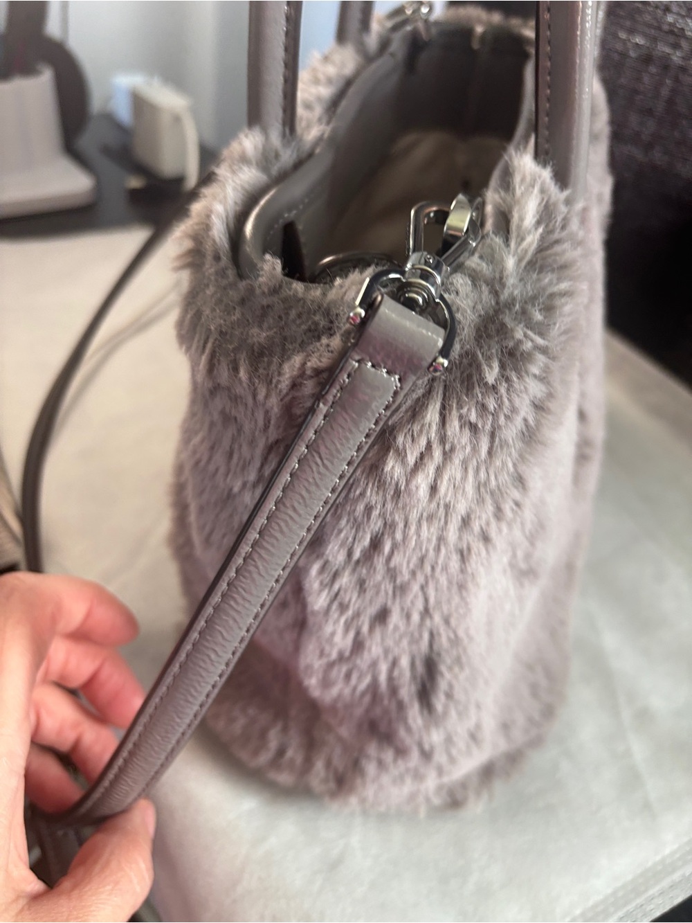 kate spade Gray  Fur Tote with Leather Handles - Picture 16 of 17